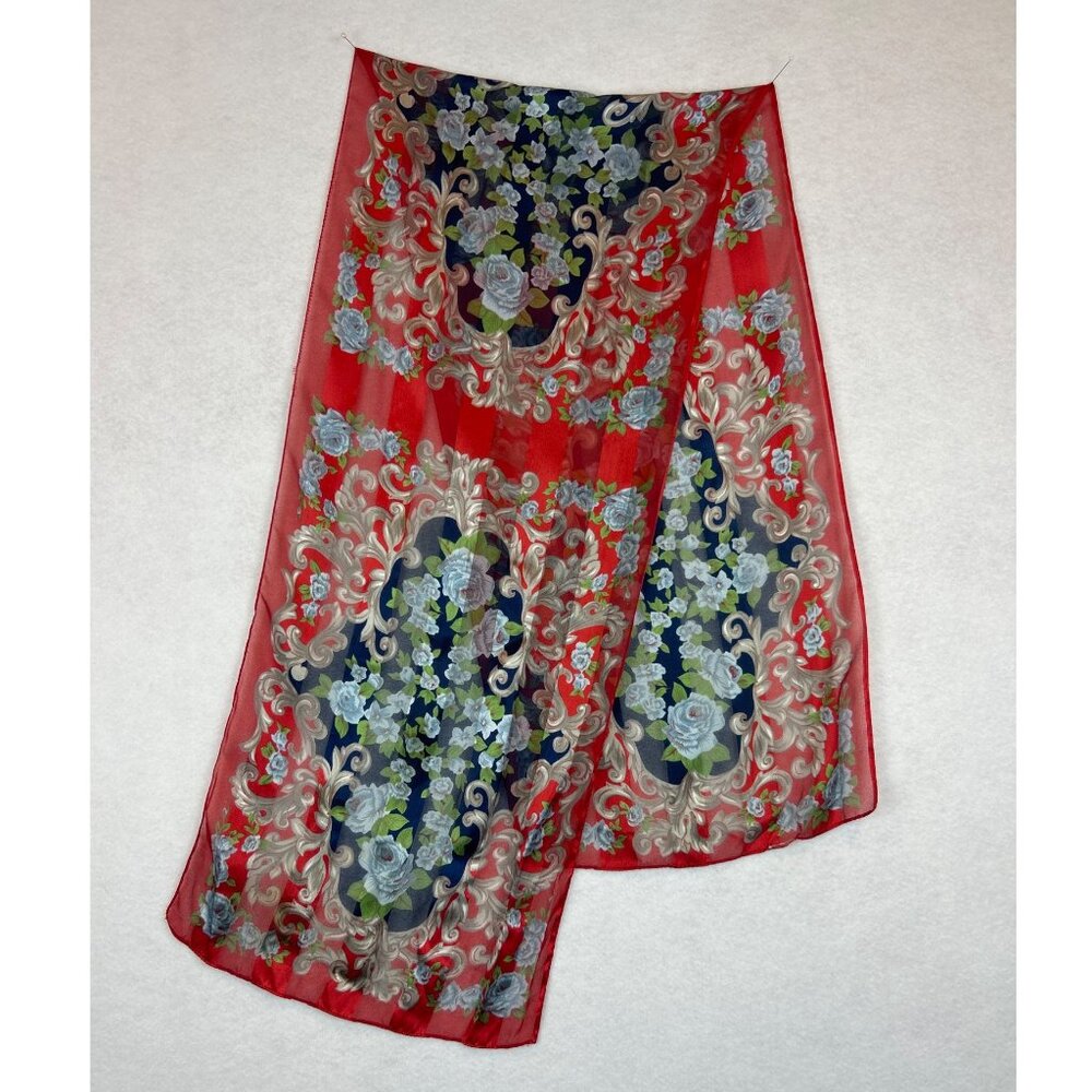 Vintage Floral Sheer Scarf Red Blue Gray Roses 58inx13in Rectangle